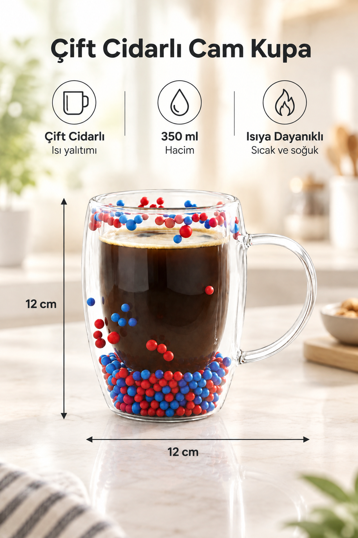 Çift Cidarlı Cam Kupa 350 ML – Isıya Dayanıklı – Bordo Mavi