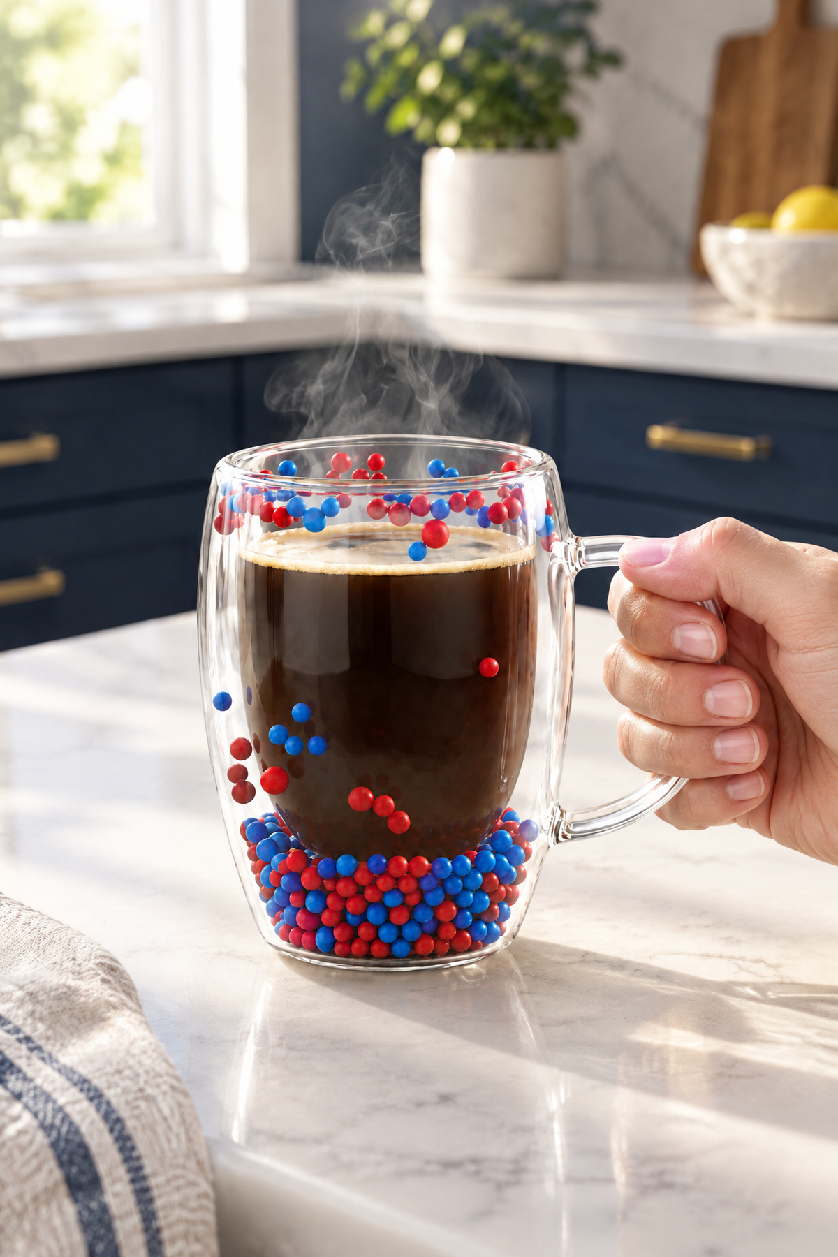 Çift Cidarlı Cam Kupa 350 ML – Isıya Dayanıklı – Bordo Mavi