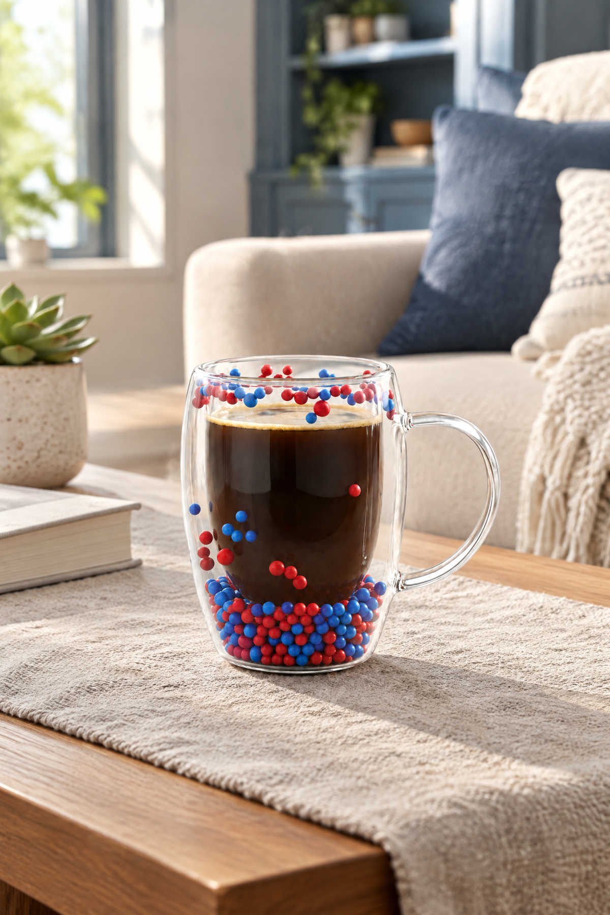 Çift Cidarlı Cam Kupa 350 ML – Isıya Dayanıklı – Bordo Mavi