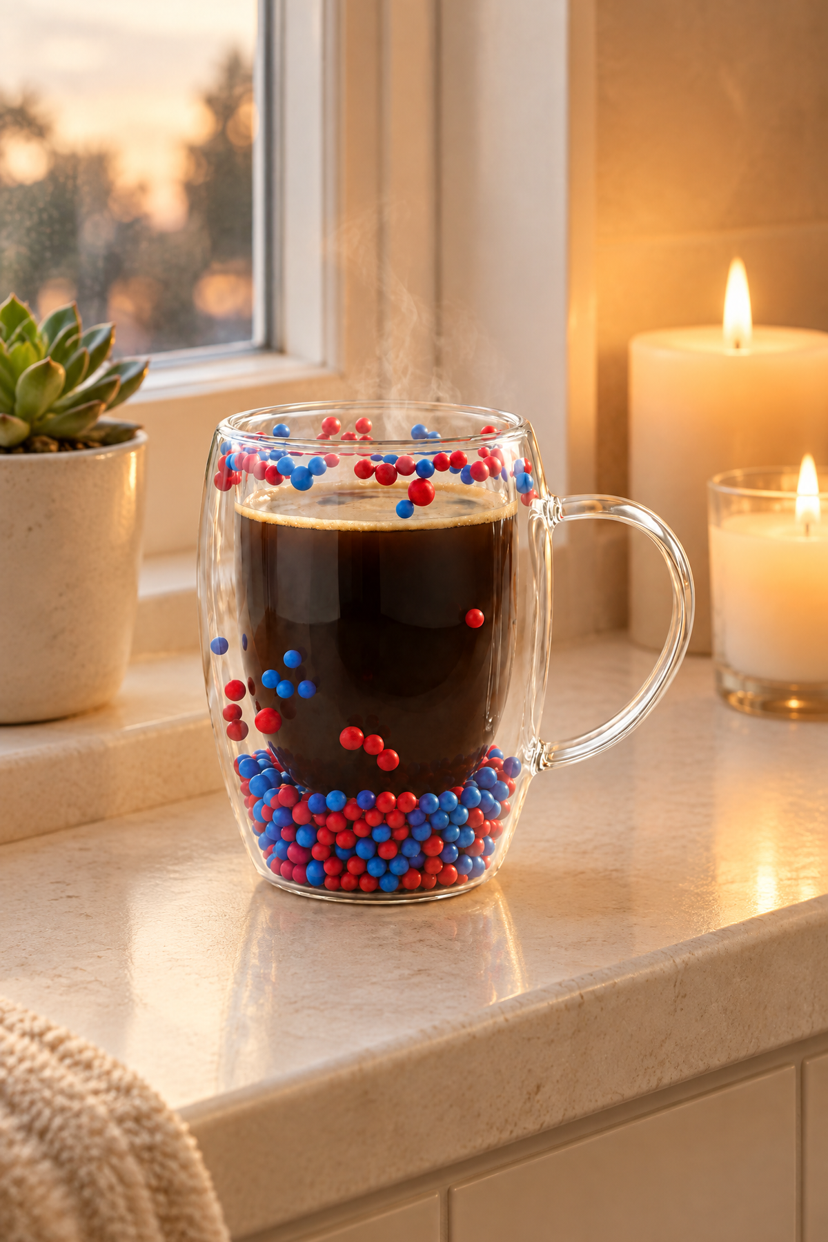 Çift Cidarlı Cam Kupa 350 ML – Isıya Dayanıklı – Bordo Mavi