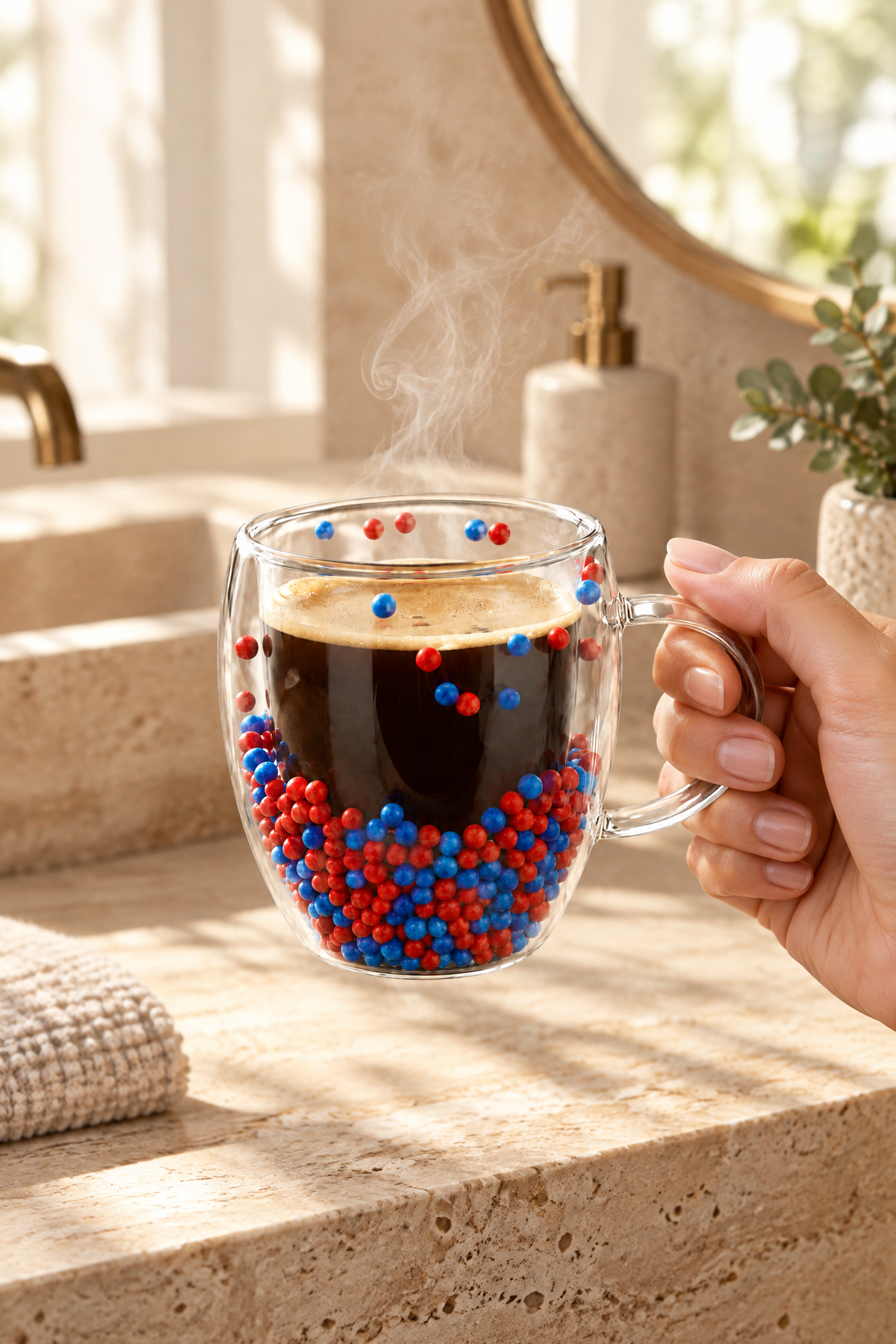 Çift Cidarlı Cam Kupa 250 ML – Isıya Dayanıklı – Bordo Mavi