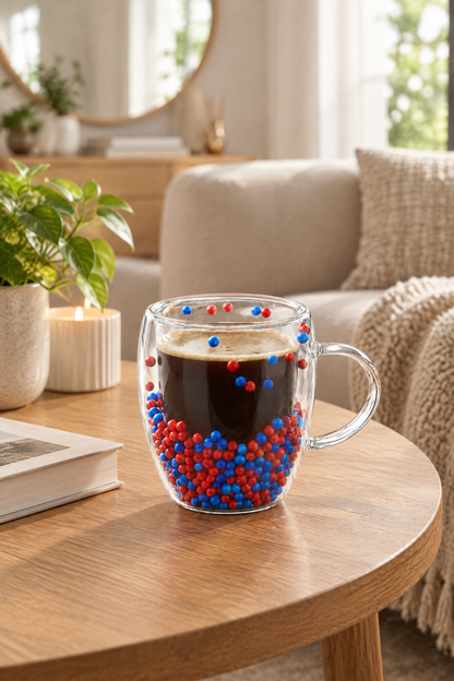 Çift Cidarlı Cam Kupa 250 ML – Isıya Dayanıklı – Bordo Mavi
