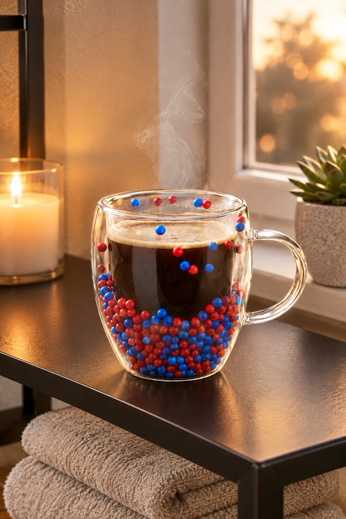 Çift Cidarlı Cam Kupa 250 ML – Isıya Dayanıklı – Bordo Mavi