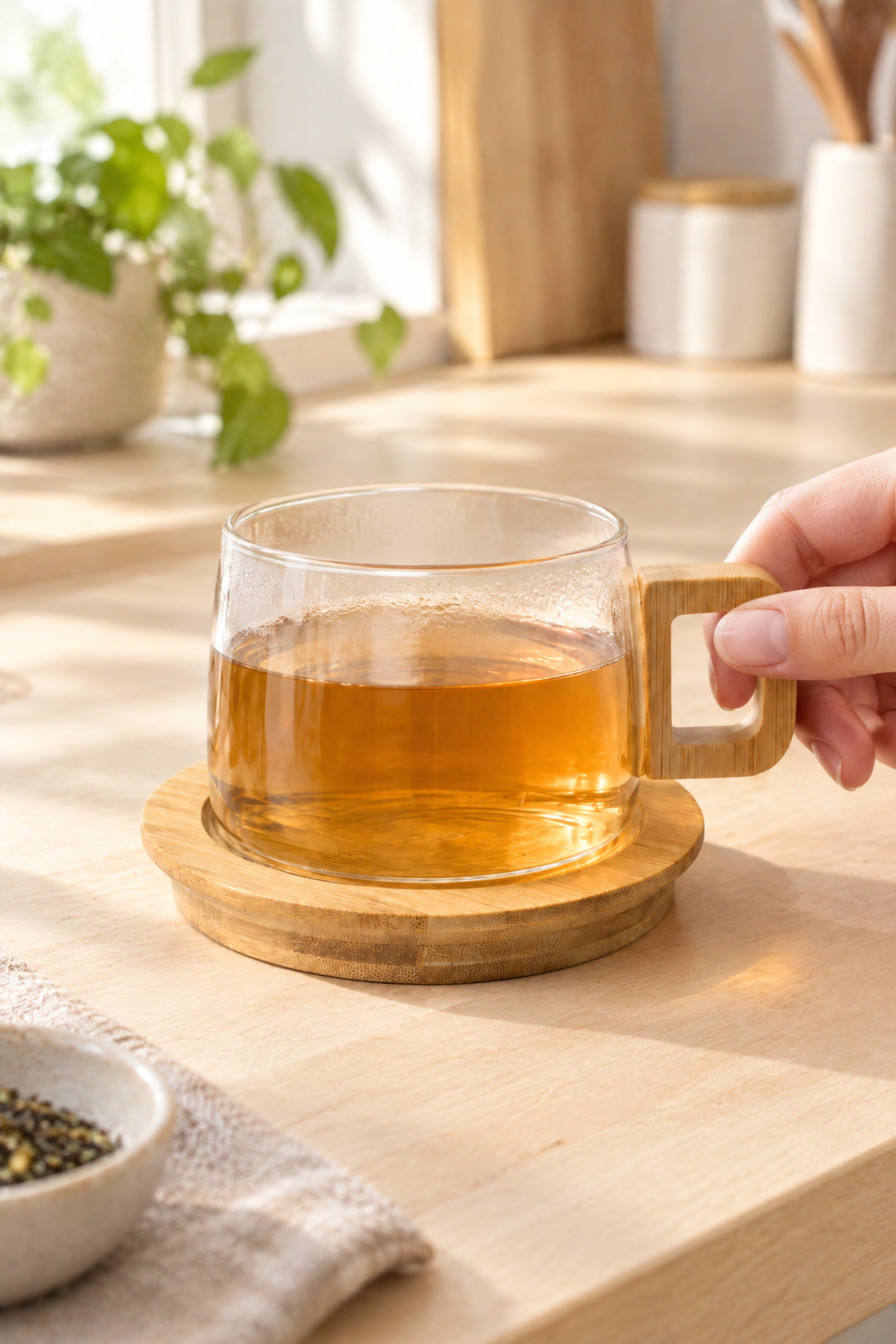 Bambu Kulplu ve Altlıklı Cam Kupa 200 ml – Borosilikat Cam – Çizgili