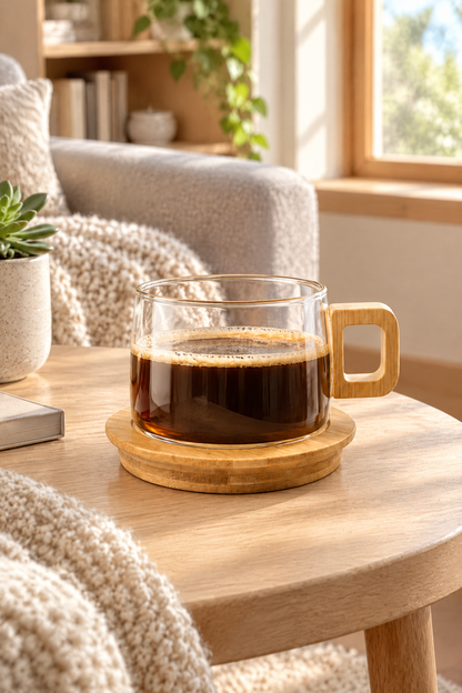 Bambu Kulplu ve Altlıklı Cam Kupa 200 ml – Borosilikat Cam – Çizgili