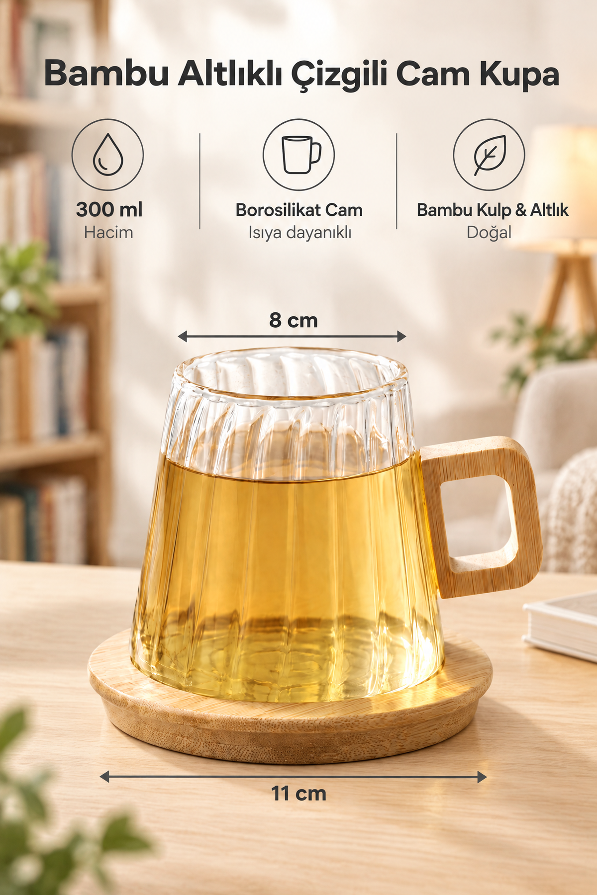 Bambu Kulplu ve Altlıklı Cam Kupa 200 ml – Borosilikat Cam – 200 ml