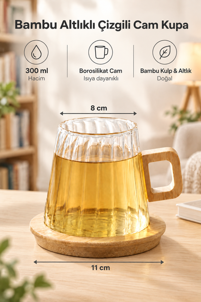 Bambu Kulplu ve Altlıklı Cam Kupa 200 ml – Borosilikat Cam – 200 ml