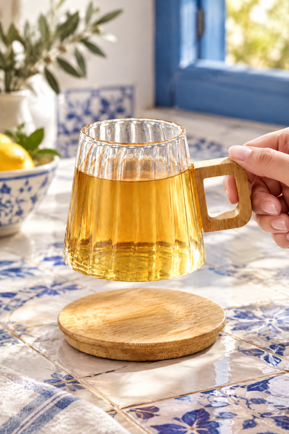 Bambu Kulplu ve Altlıklı Cam Kupa 200 ml – Borosilikat Cam – 200 ml
