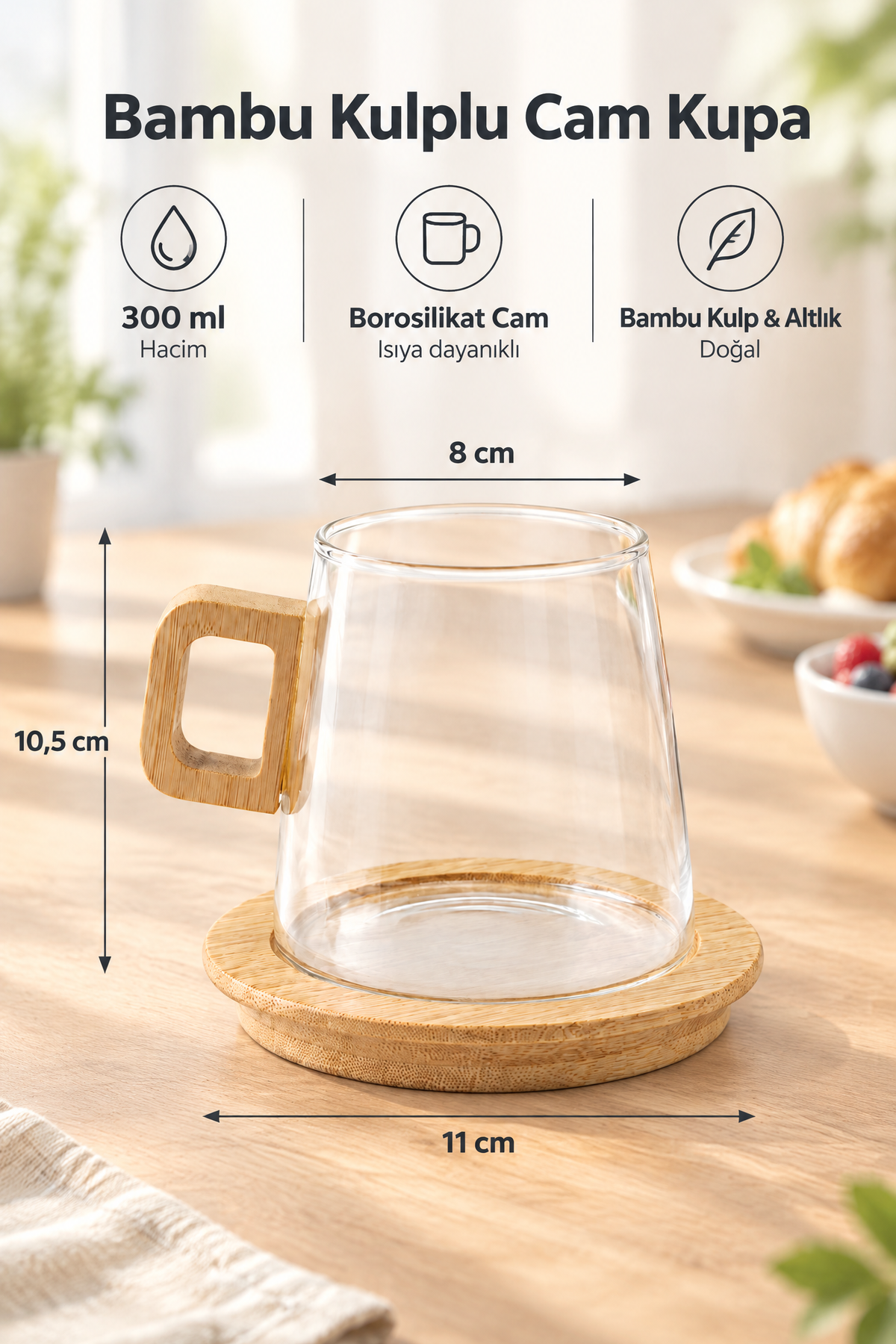 Bambu Kulplu ve Altlıklı Cam Kupa 200 ml – Borosilikat Cam – 300 ml