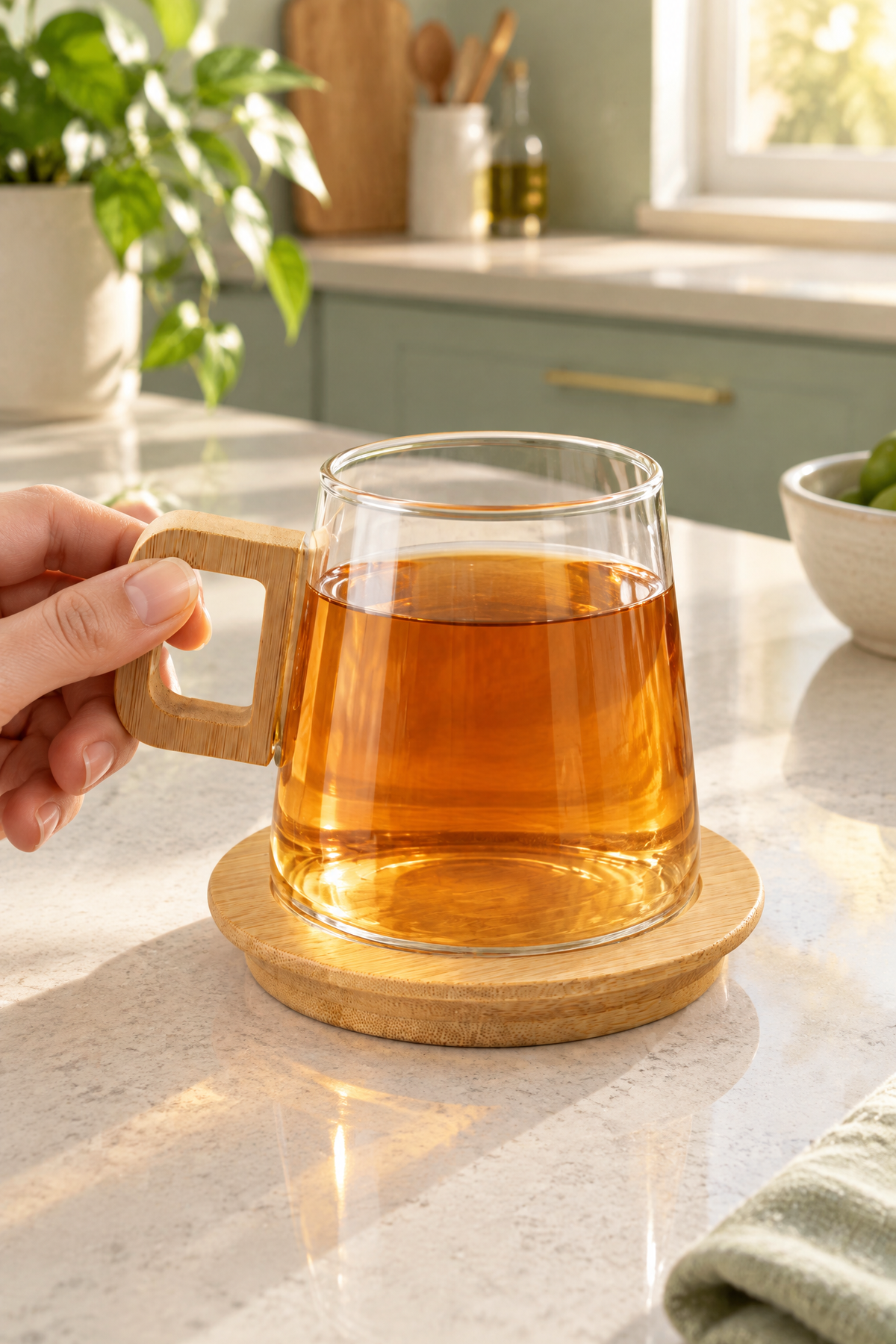 Bambu Kulplu ve Altlıklı Cam Kupa 200 ml – Borosilikat Cam – 300 ml