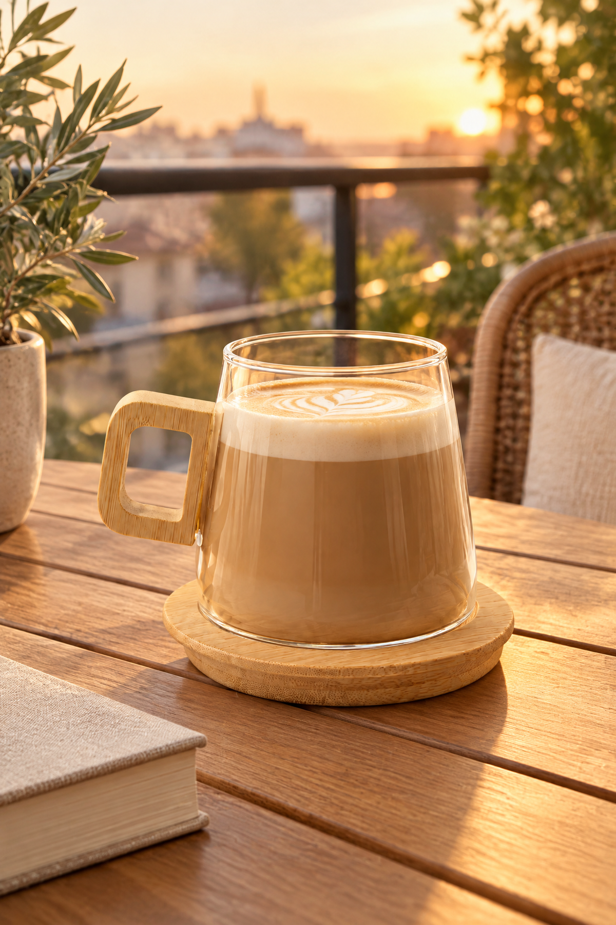 Bambu Kulplu ve Altlıklı Cam Kupa 200 ml – Borosilikat Cam – 300 ml