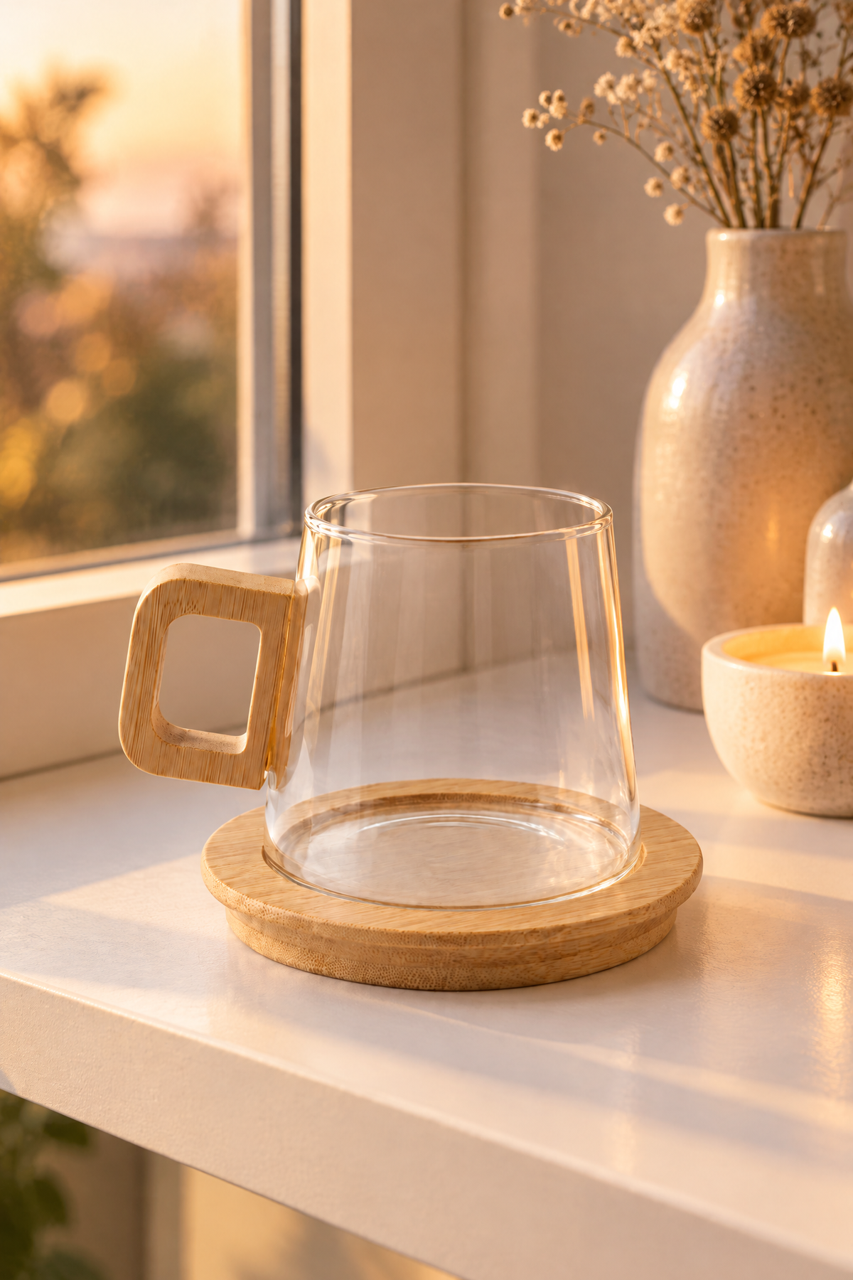 Bambu Kulplu ve Altlıklı Cam Kupa 200 ml – Borosilikat Cam – 300 ml