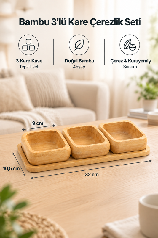 Bambu 3'lü Çerezlik & Kuruyemiş Sunum Seti Kare – Tepsili, Doğal Ahşap Servis Kasesi