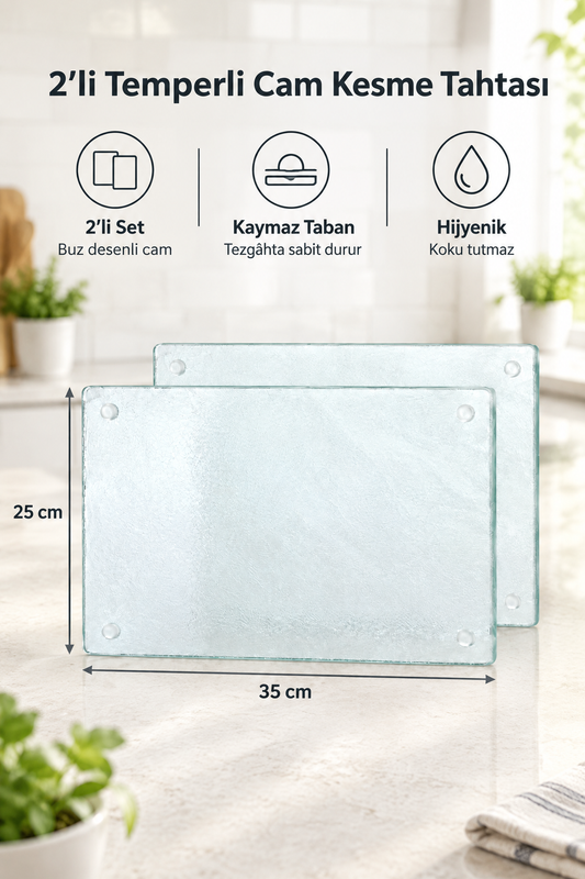 2'li Temperli Cam Kesme Tahtası 25x35 cm Buz Desenli Kaymaz
