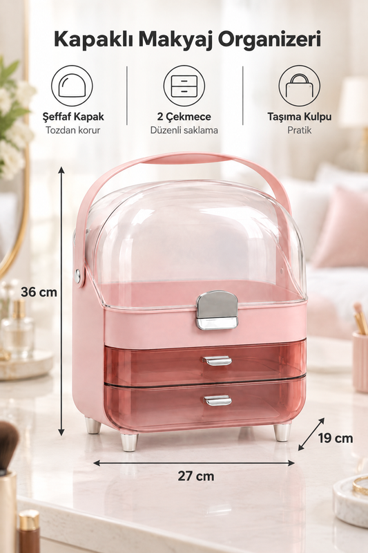 Çok Bölmeli Şeffaf Çekmeceli Makyaj & Kozmetik Organizeri Pembe ve İkili Çekmeceli Organizer