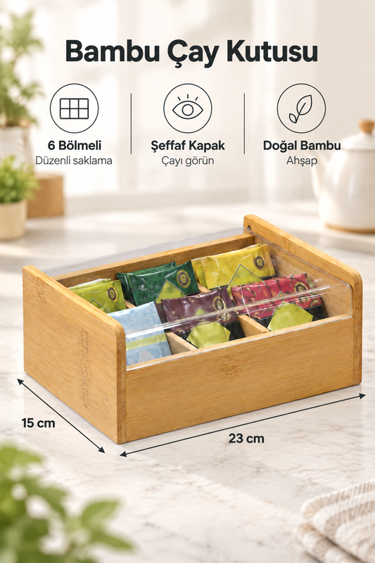 Bambu Çay Kutusu Şeffaf Kapaklı Poşet Çay Saklama Organizatörü Bölmeli Tea Box