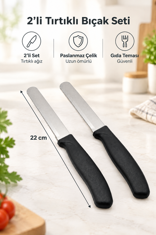 2'li Ultra Keskin Tırtıklı Bıçak Seti, 22 Cm %100 Garantili Paslanmaz Çelik – Siyah