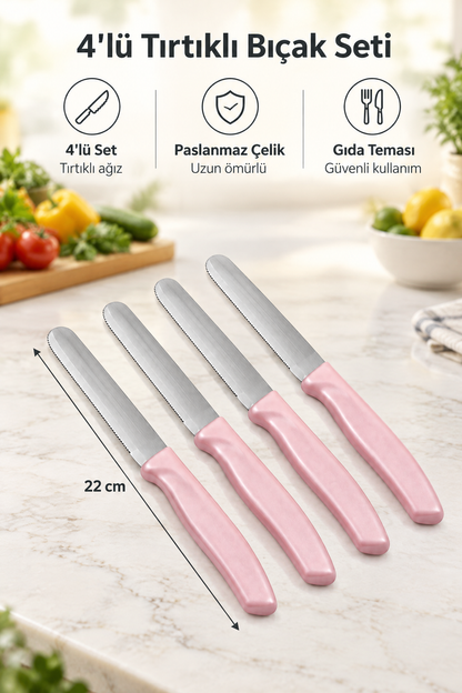 4'lü Ultra Keskin Tırtıklı Bıçak Seti, 22 Cm %100 Garantili Paslanmaz Çelik – Pembe