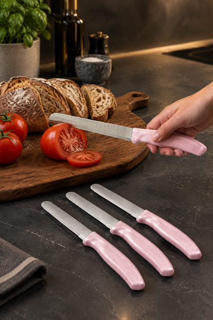 4'lü Ultra Keskin Tırtıklı Bıçak Seti, 22 Cm %100 Garantili Paslanmaz Çelik – Pembe