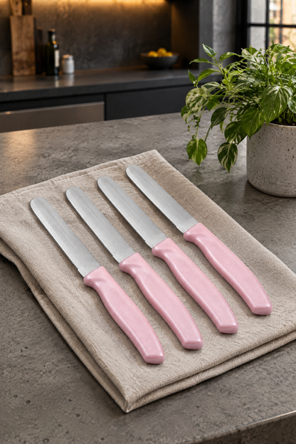 4'lü Ultra Keskin Tırtıklı Bıçak Seti, 22 Cm %100 Garantili Paslanmaz Çelik – Pembe