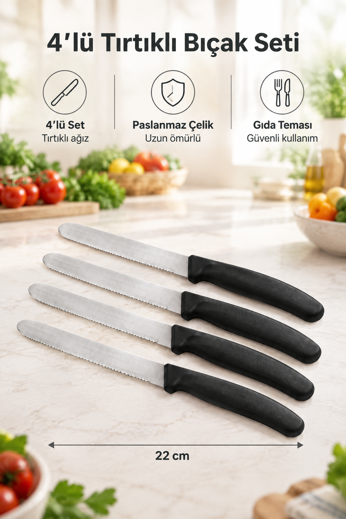 4'lü Ultra Keskin Tırtıklı Bıçak Seti, 22 Cm %100 Garantili Paslanmaz Çelik – Siyah