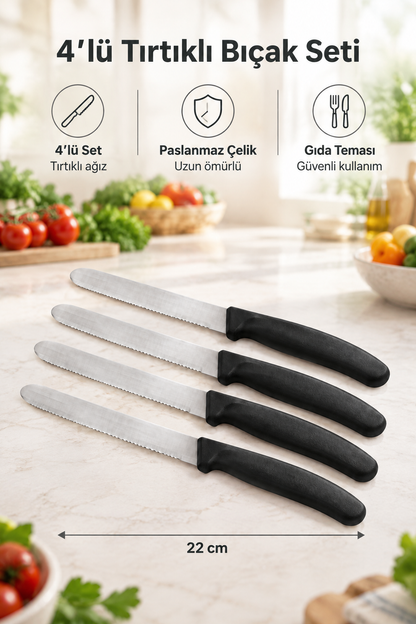4'lü Ultra Keskin Tırtıklı Bıçak Seti, 22 Cm %100 Garantili Paslanmaz Çelik – Siyah