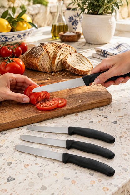 4'lü Ultra Keskin Tırtıklı Bıçak Seti, 22 Cm %100 Garantili Paslanmaz Çelik – Siyah