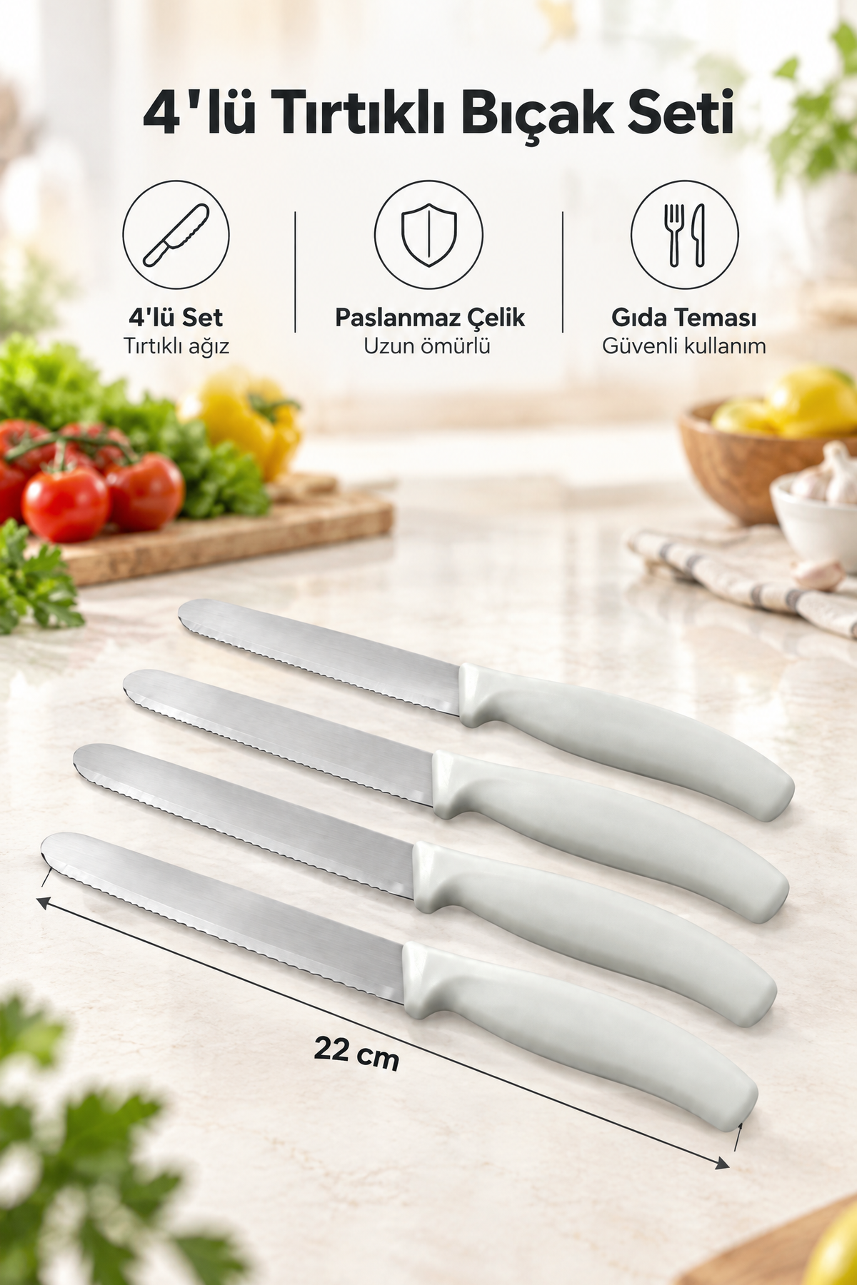 4'lü Ultra Keskin Tırtıklı Bıçak Seti, 22 Cm %100 Garantili Paslanmaz Çelik – Beyaz