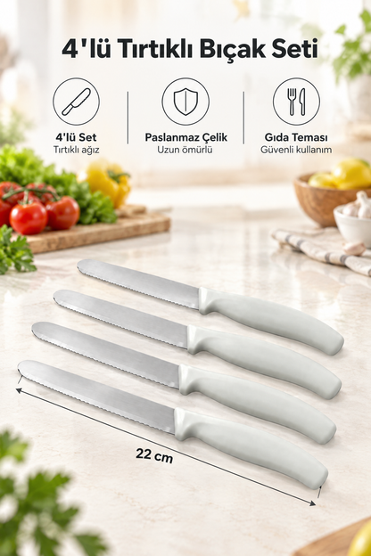 4'lü Ultra Keskin Tırtıklı Bıçak Seti, 22 Cm %100 Garantili Paslanmaz Çelik – Beyaz