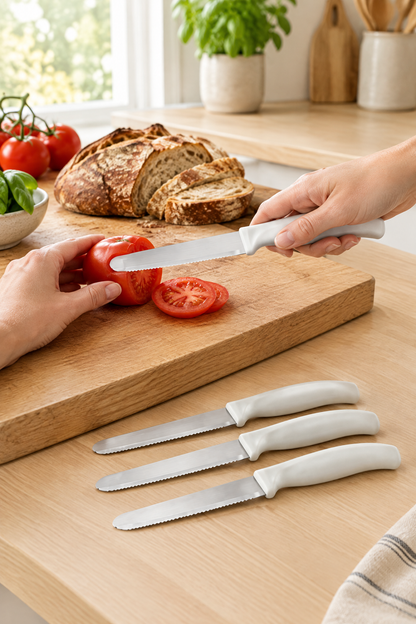 4'lü Ultra Keskin Tırtıklı Bıçak Seti, 22 Cm %100 Garantili Paslanmaz Çelik – Beyaz