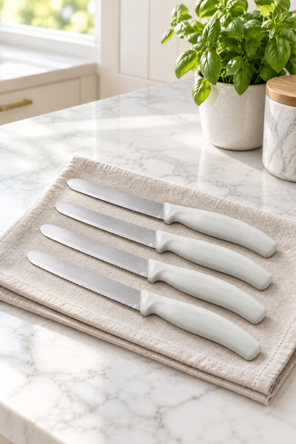 4'lü Ultra Keskin Tırtıklı Bıçak Seti, 22 Cm %100 Garantili Paslanmaz Çelik – Beyaz