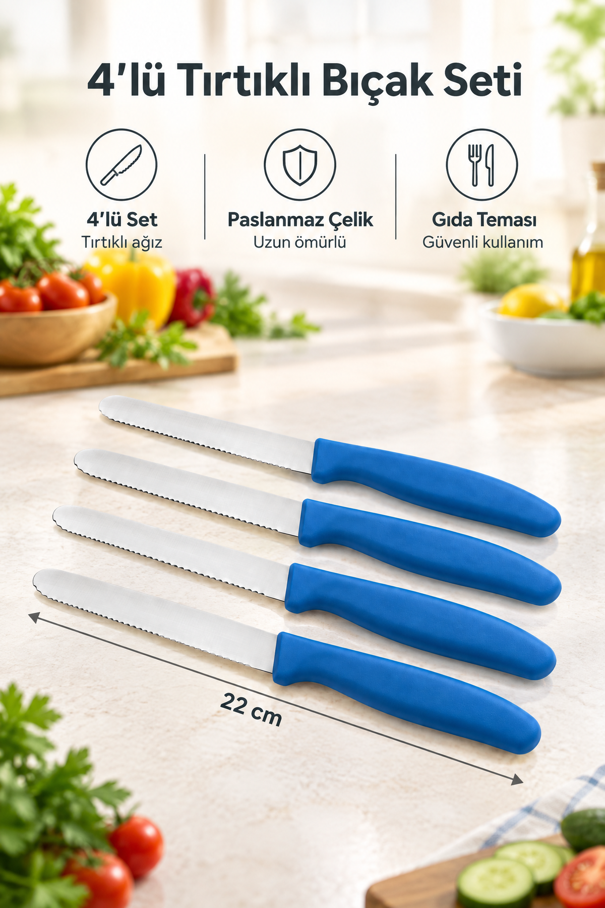 4'lü Ultra Keskin Tırtıklı Bıçak Seti, 22 Cm %100 Garantili Paslanmaz Çelik – Mavi