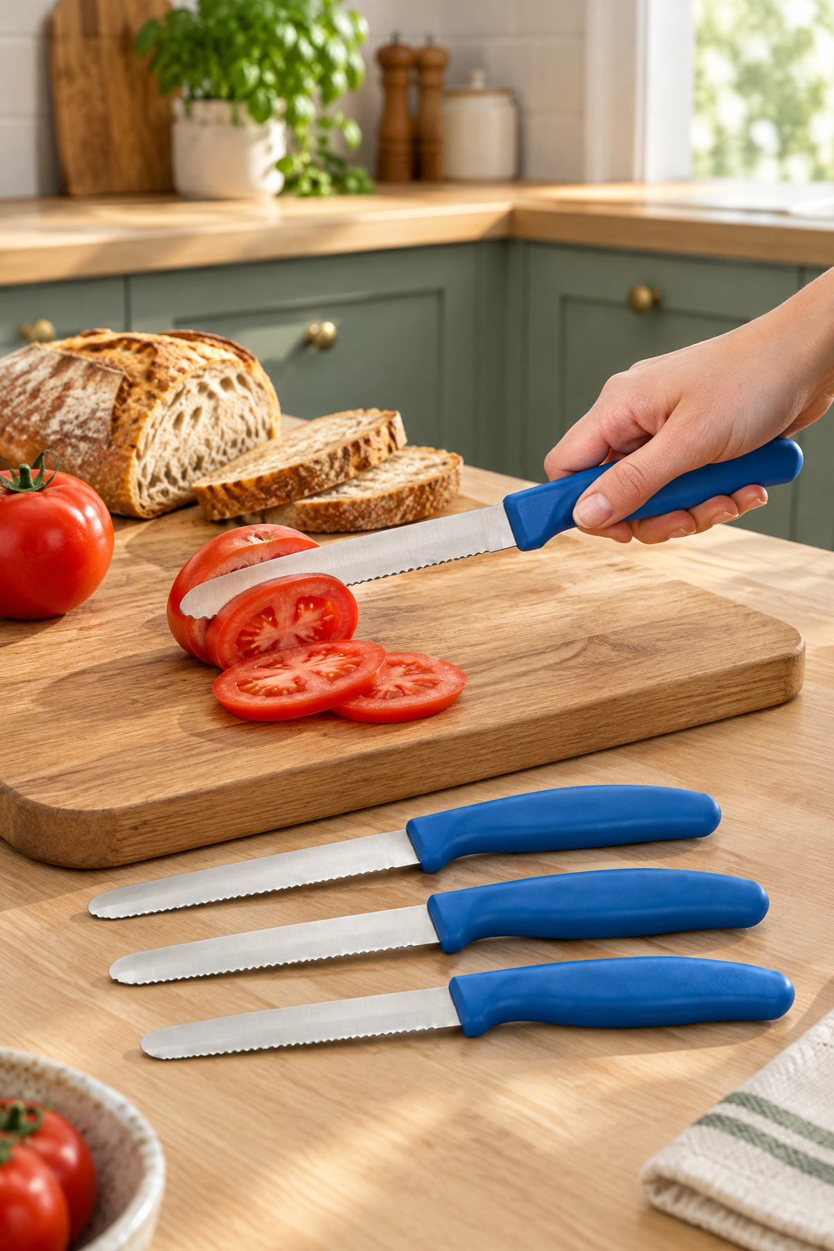 4'lü Ultra Keskin Tırtıklı Bıçak Seti, 22 Cm %100 Garantili Paslanmaz Çelik – Mavi