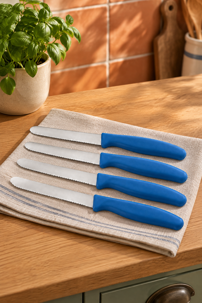 4'lü Ultra Keskin Tırtıklı Bıçak Seti, 22 Cm %100 Garantili Paslanmaz Çelik – Mavi