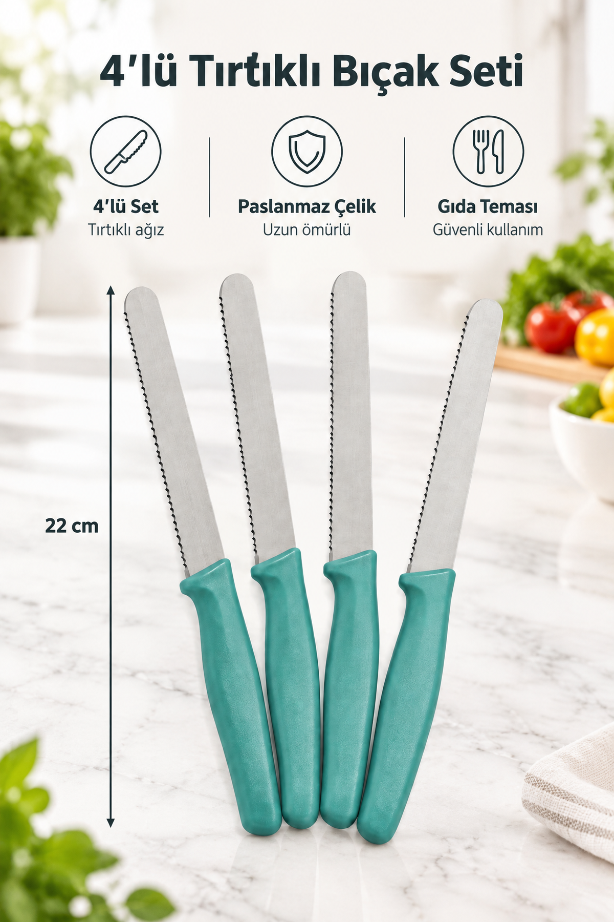 4'lü Ultra Keskin Tırtıklı Bıçak Seti, 22 Cm %100 Garantili Paslanmaz Çelik – Su Yeşili