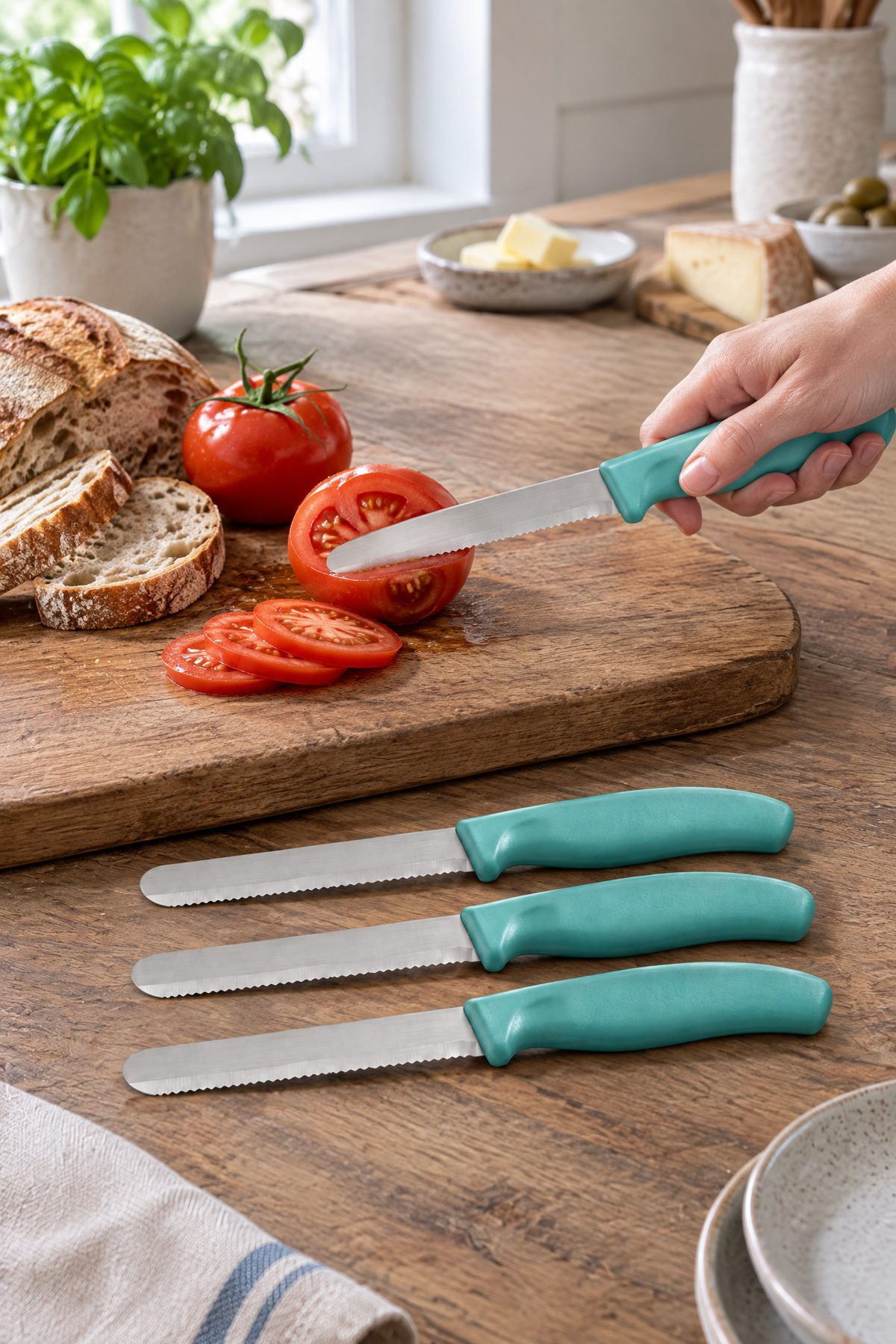 4'lü Ultra Keskin Tırtıklı Bıçak Seti, 22 Cm %100 Garantili Paslanmaz Çelik – Su Yeşili
