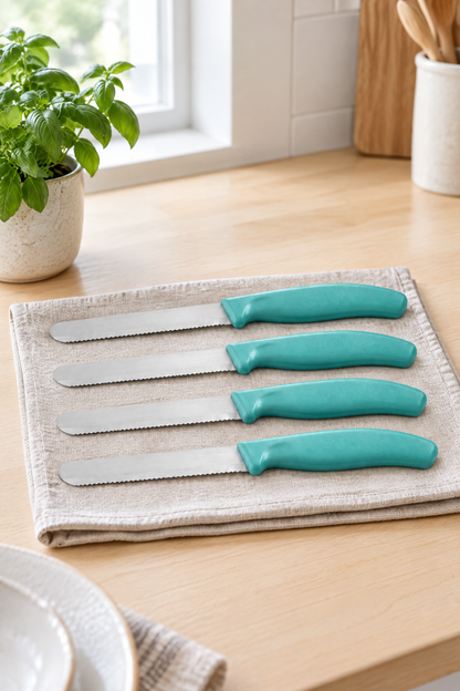 4'lü Ultra Keskin Tırtıklı Bıçak Seti, 22 Cm %100 Garantili Paslanmaz Çelik – Su Yeşili
