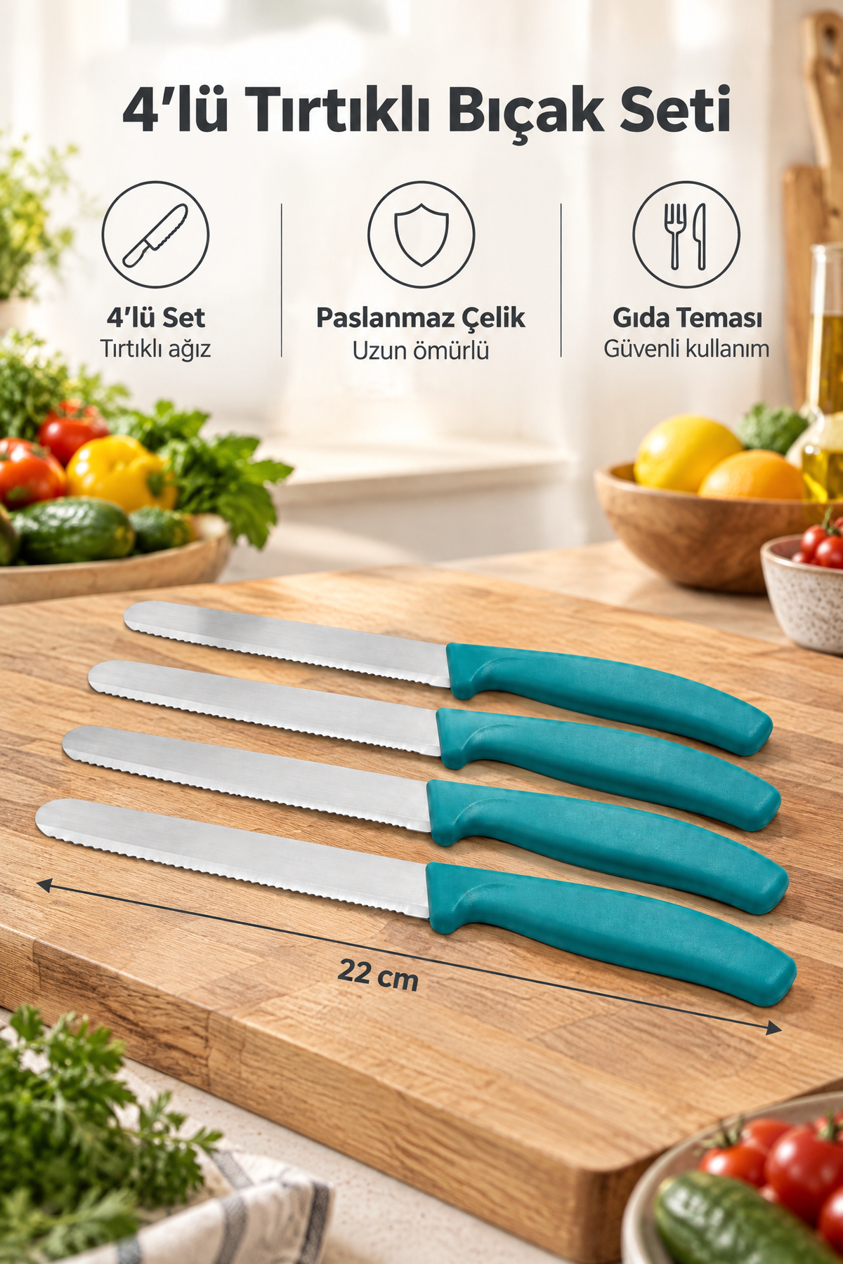 4'lü Ultra Keskin Tırtıklı Bıçak Seti, 22 Cm %100 Garantili Paslanmaz Çelik – Yeşil