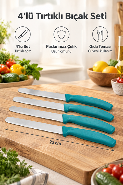 4'lü Ultra Keskin Tırtıklı Bıçak Seti, 22 Cm %100 Garantili Paslanmaz Çelik – Yeşil