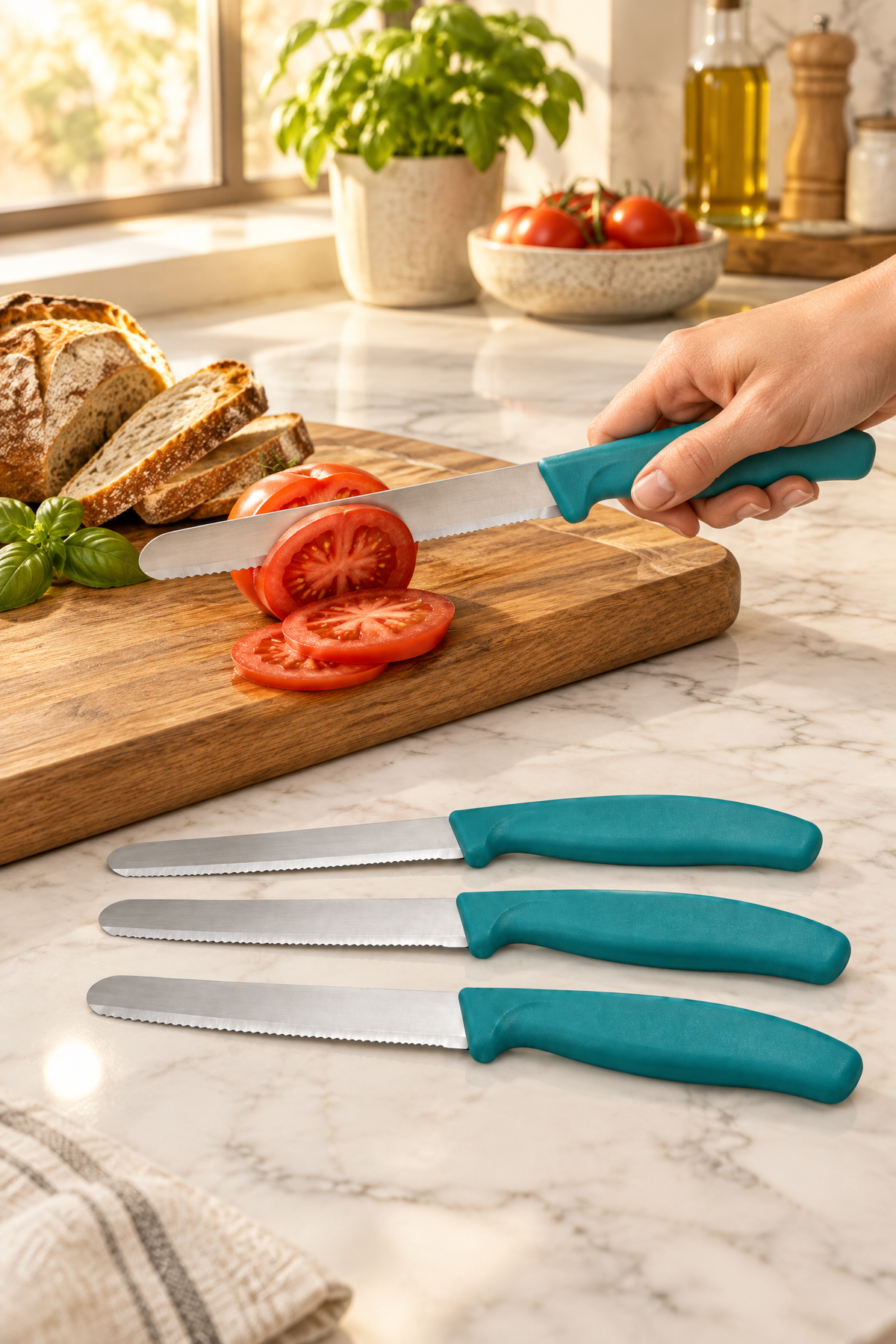 4'lü Ultra Keskin Tırtıklı Bıçak Seti, 22 Cm %100 Garantili Paslanmaz Çelik – Yeşil