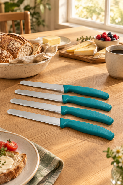 4'lü Ultra Keskin Tırtıklı Bıçak Seti, 22 Cm %100 Garantili Paslanmaz Çelik – Yeşil
