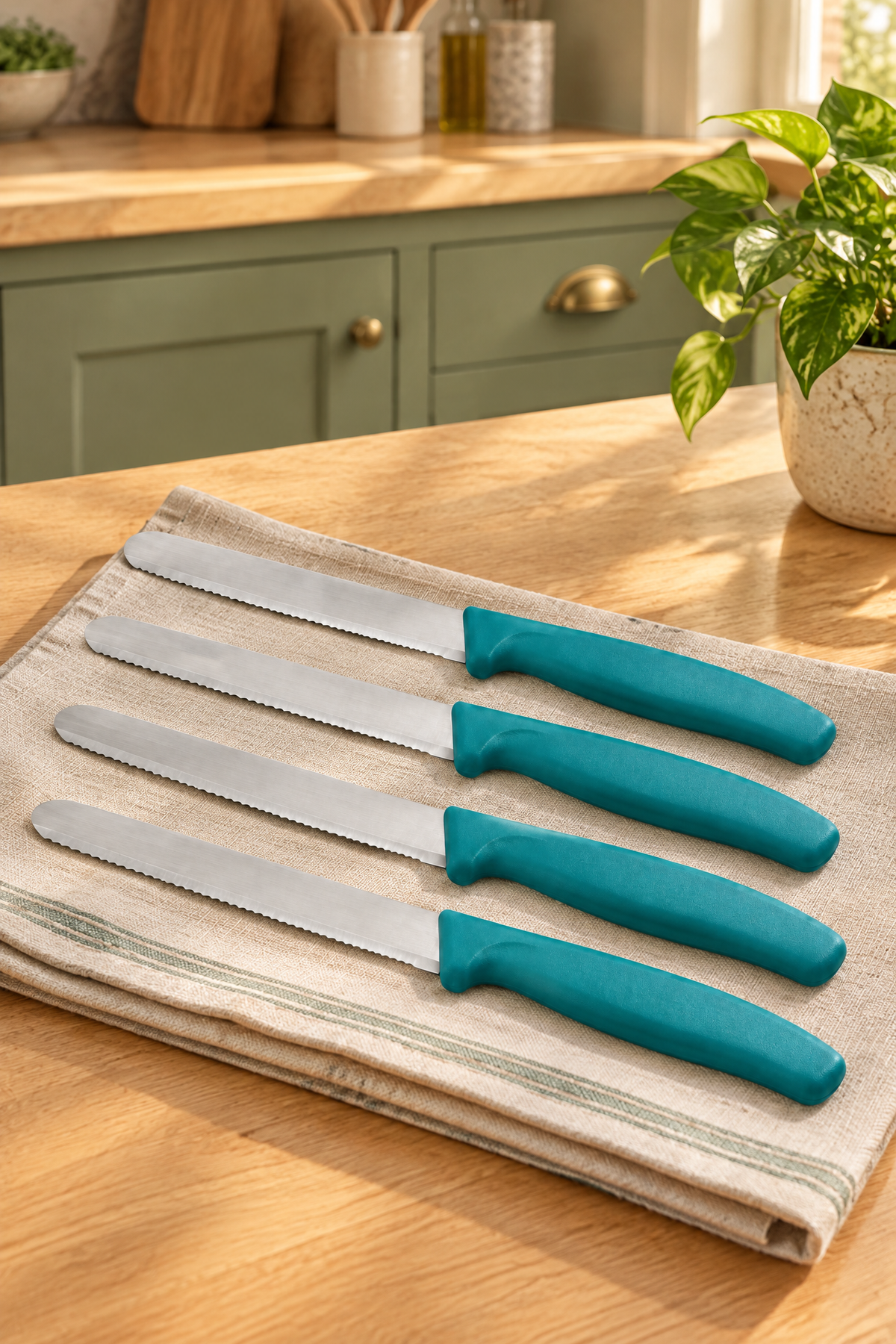 4'lü Ultra Keskin Tırtıklı Bıçak Seti, 22 Cm %100 Garantili Paslanmaz Çelik – Yeşil