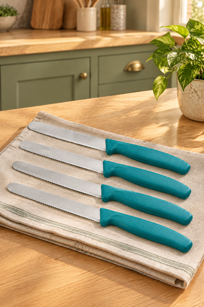 4'lü Ultra Keskin Tırtıklı Bıçak Seti, 22 Cm %100 Garantili Paslanmaz Çelik – Yeşil