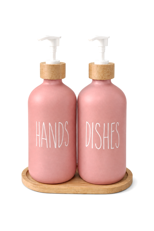 Bambu Altlıklı Bambu Kapaklı İkili Cam Sıvı Sabunluk & Deterjanlık Seti – 2×500 ML- 16,5 x 9 x 21 cm – Pudra Pembe
