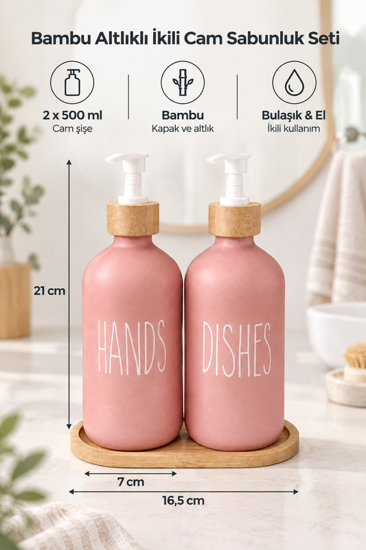 Bambu Altlıklı Bambu Kapaklı İkili Cam Sıvı Sabunluk & Deterjanlık Seti – 2×500 ML- 16,5 x 9 x 21 cm – Pudra Pembe