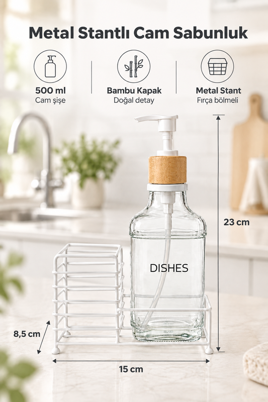 Metal Stantlı Bambu Kapaklı Cam Sıvı Sabunluk/Deterjanlık, 500 ml, 15 × 8,5 × 23 cm – Şeffaf Cam Beyaz Stant