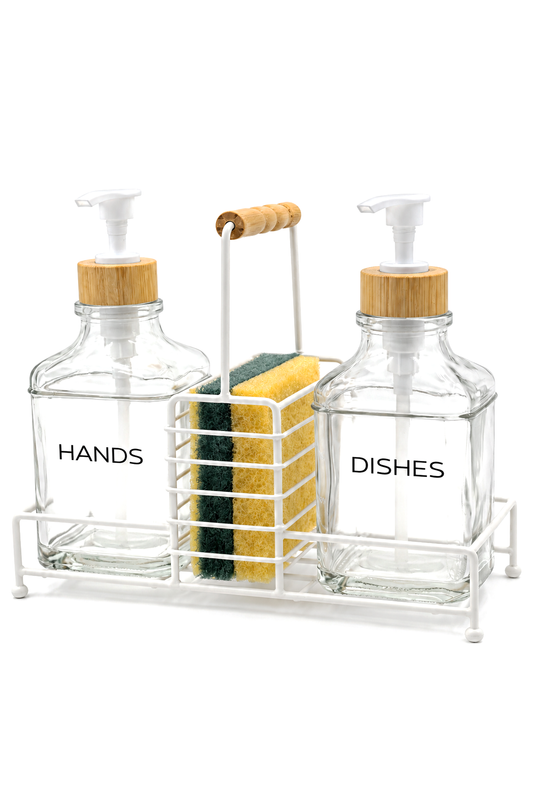 Stantlı Bambu Kapaklı İkili Cam Sıvı Sabunluk & Deterjanlık Seti – 2×500 ml, 22,5 × 8,5 × 24 cm – Şeffaf Cam Beyaz Stant