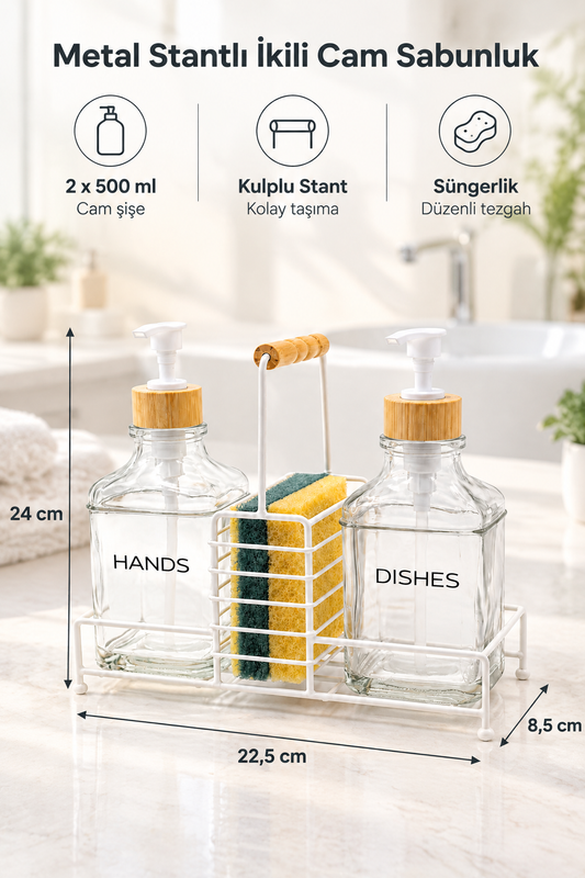 Stantlı Bambu Kapaklı İkili Cam Sıvı Sabunluk & Deterjanlık Seti – 2×500 ml, 22,5 × 8,5 × 24 cm – Şeffaf Cam Beyaz Stant