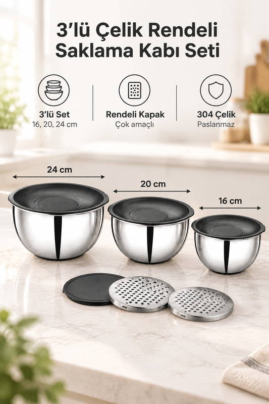 3'lü 304 Çelik Rendeli Saklama ve Karıştırma Kabı Seti (16 cm-1,35 Lt, 20 cm-2,70 Lt, 24 cm-4,60 Lt)