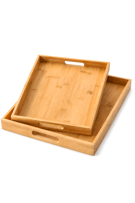 %100 Bambu 2’li Tepsi Seti, Büyük Tepsi: 38 x 27 x 3 cm, Küçük Tepsi: 35 x 23 x 3 cm